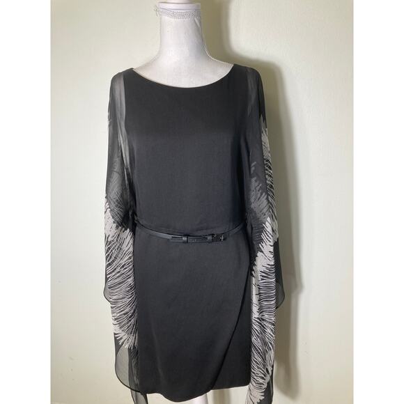 Halston Heritage Black Cocktail Belted Dress w Flowy Sleeves Sz 6 - Picture 1 of 3